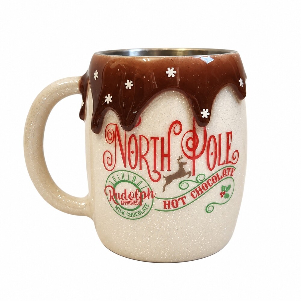 North Pole Hot Chocolate Holiday Mug Glitter  Chocolate Epoxy Drip Metal Lined